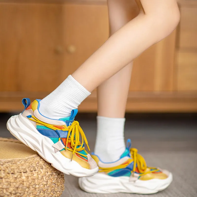Leather Chunky Sneakers for Women Low-top Lace Up Contrast Color in Yellow/Green