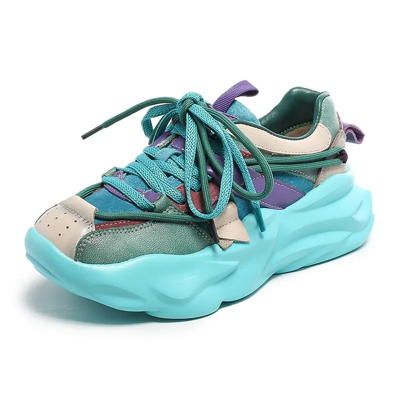 Leather Chunky Sneakers for Women Low-top Lace Up Contrast Color in Yellow/Green