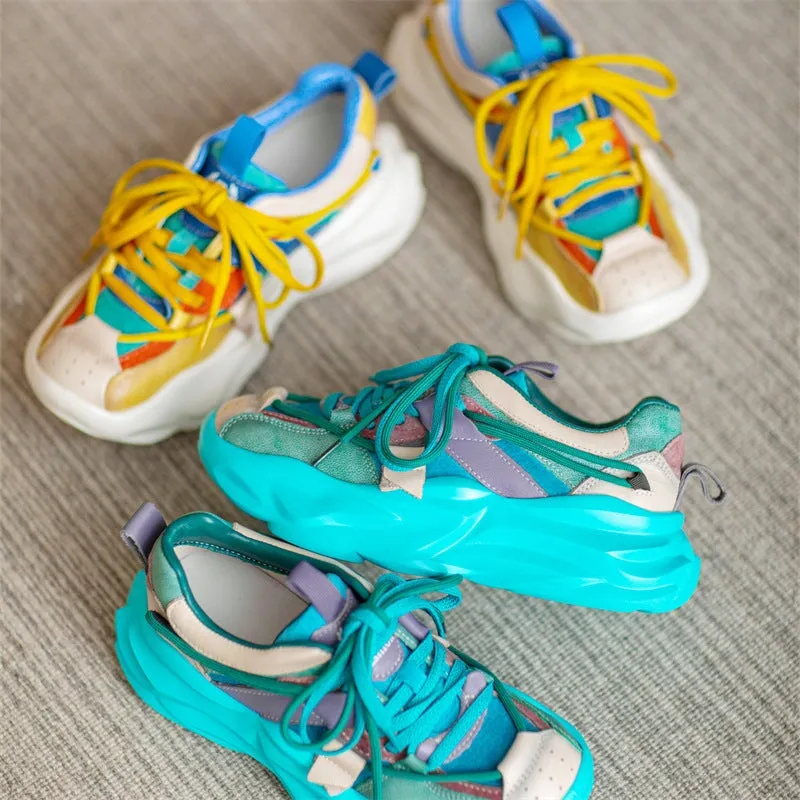 Leather Chunky Sneakers for Women Low-top Lace Up Contrast Color in Yellow/Green