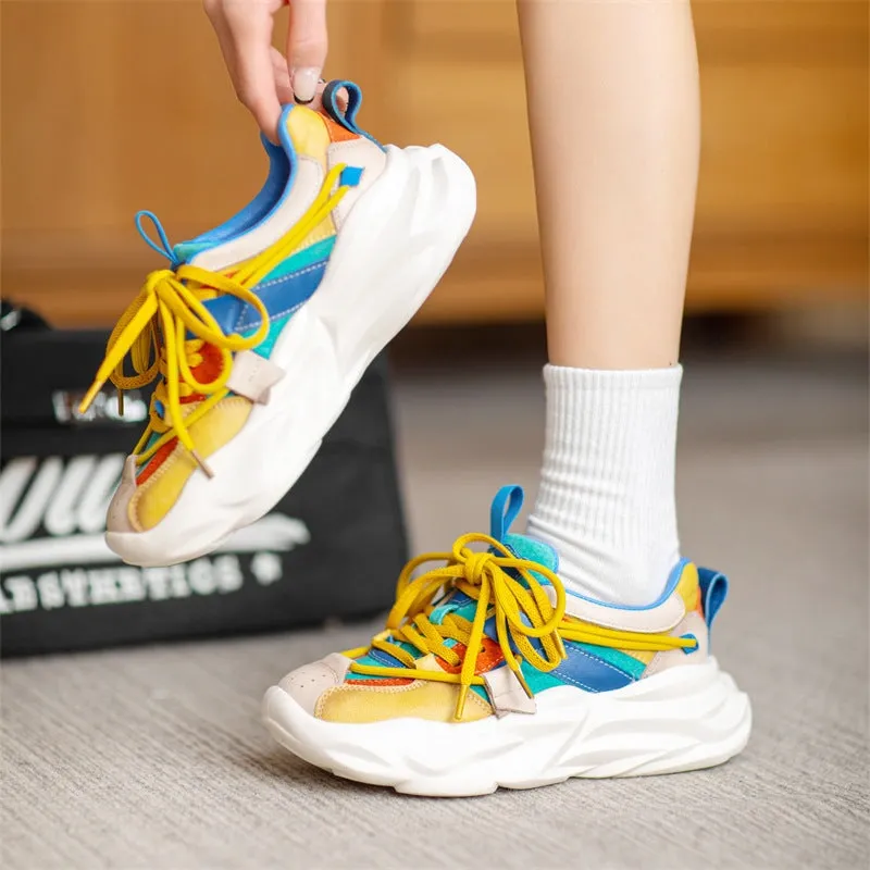 Leather Chunky Sneakers for Women Low-top Lace Up Contrast Color in Yellow/Green