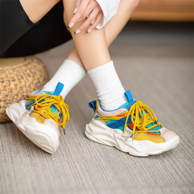 Leather Chunky Sneakers for Women Low-top Lace Up Contrast Color in Yellow/Green