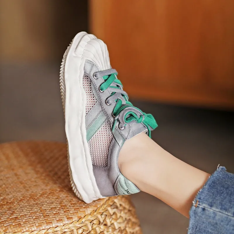 Leather Original Sole Low-top Sneakers for Women Travel Perforated in Grey/Khaki