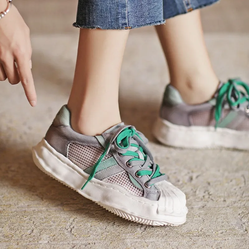 Leather Original Sole Low-top Sneakers for Women Travel Perforated in Grey/Khaki
