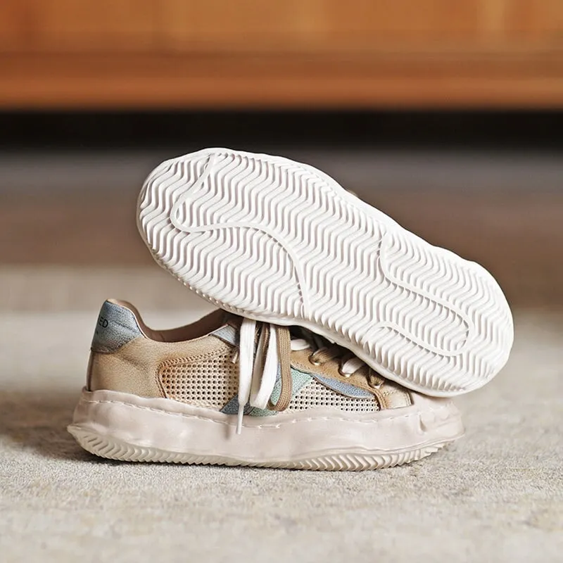Leather Original Sole Low-top Sneakers for Women Travel Perforated in Grey/Khaki