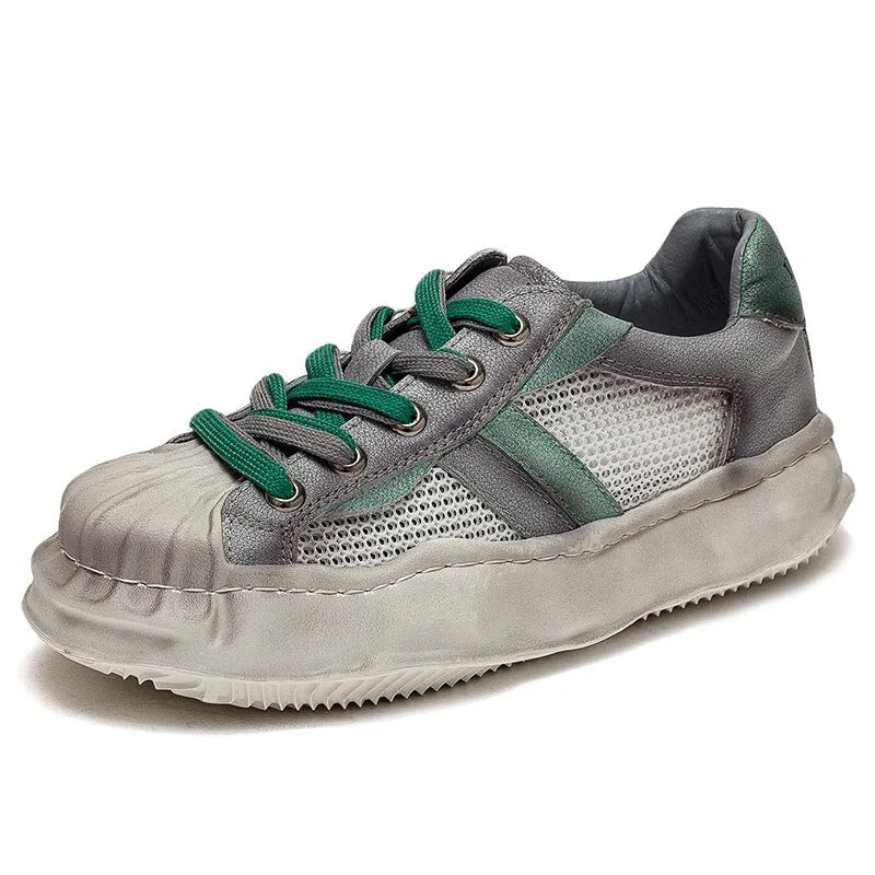 Leather Original Sole Low-top Sneakers for Women Travel Perforated in Grey/Khaki