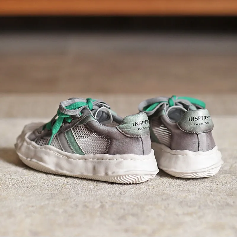 Leather Original Sole Low-top Sneakers for Women Travel Perforated in Grey/Khaki