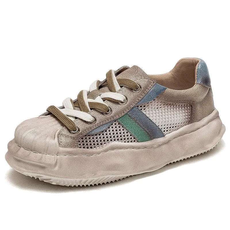 Leather Original Sole Low-top Sneakers for Women Travel Perforated in Grey/Khaki