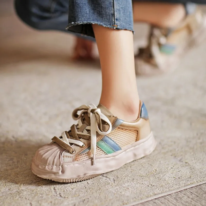Leather Original Sole Low-top Sneakers for Women Travel Perforated in Grey/Khaki