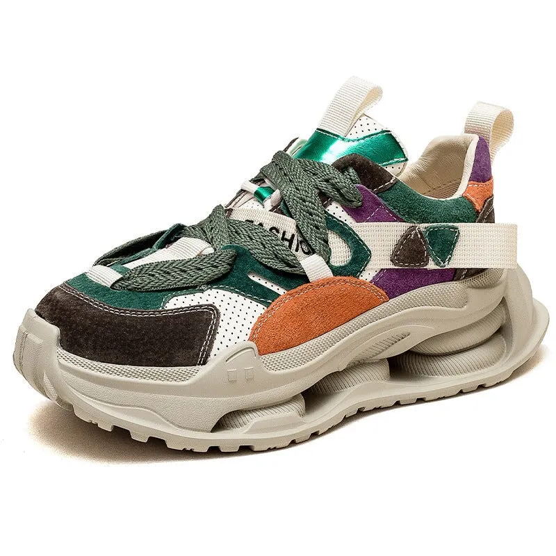 Leather Platform Sneakers for Women Low-top Lace Up Contrast Color in Brown/Green