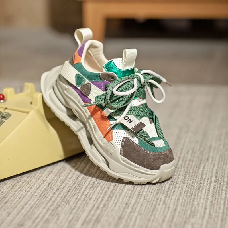 Leather Platform Sneakers for Women Low-top Lace Up Contrast Color in Brown/Green