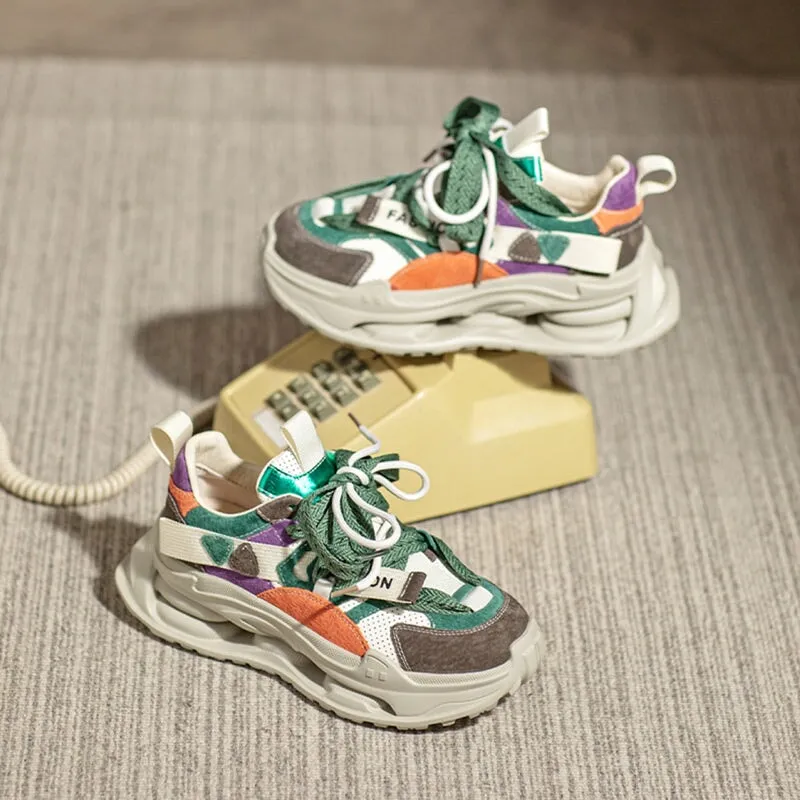 Leather Platform Sneakers for Women Low-top Lace Up Contrast Color in Brown/Green