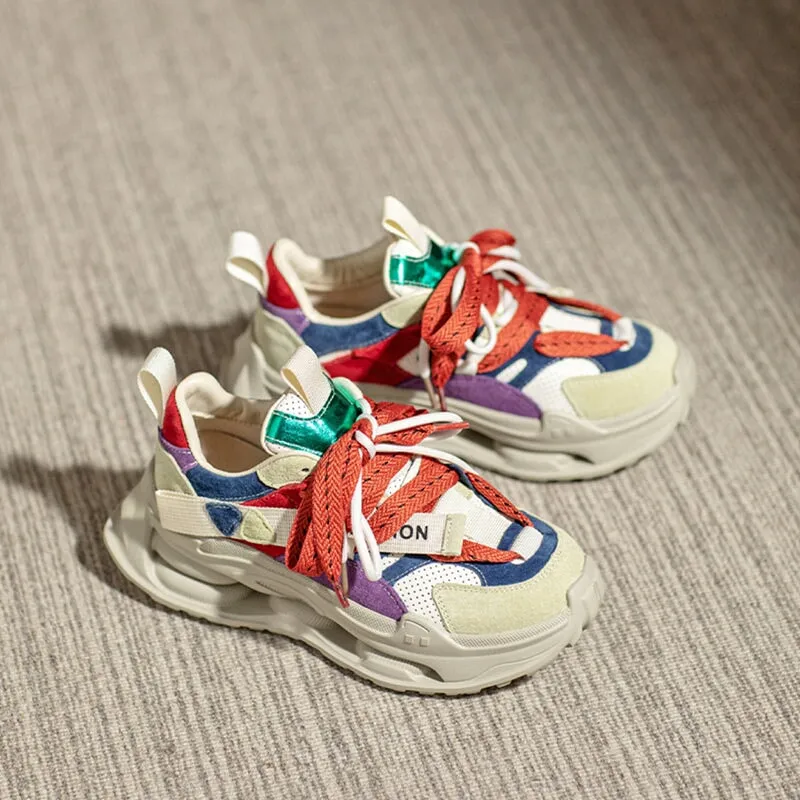Leather Platform Sneakers for Women Low-top Lace Up Contrast Color in Brown/Green