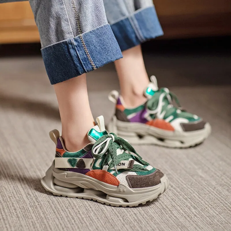 Leather Platform Sneakers for Women Low-top Lace Up Contrast Color in Brown/Green