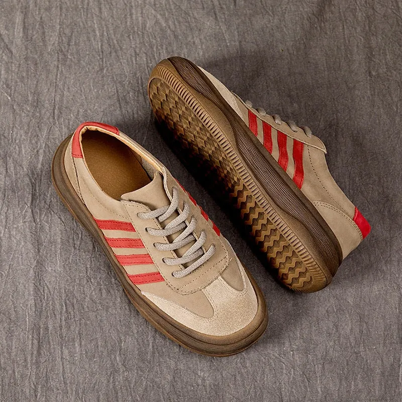 Leather Platform Sneakers for Women Low-top Lace Up in Grey/Green