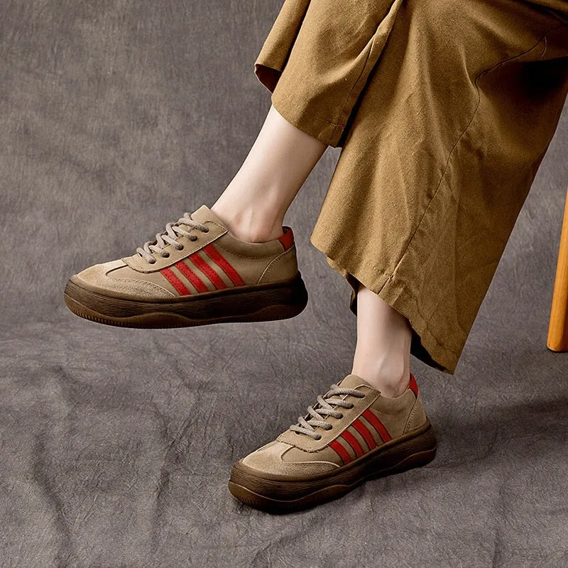 Leather Platform Sneakers for Women Low-top Lace Up in Grey/Green