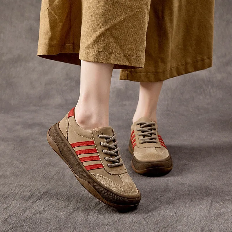 Leather Platform Sneakers for Women Low-top Lace Up in Grey/Green