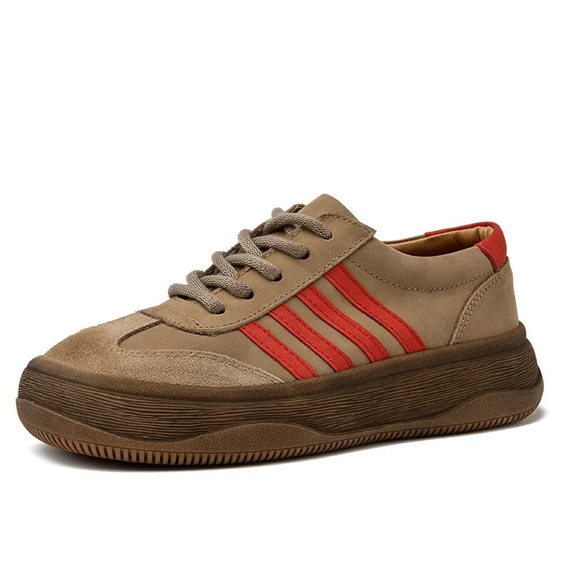 Leather Platform Sneakers for Women Low-top Lace Up in Grey/Green
