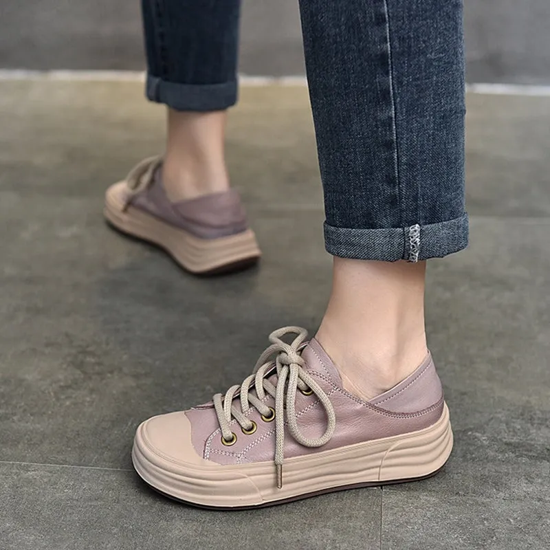 Leather Rubber Toecap Sneakers for Women Low-top Lace Up in Purple/Orange/Red