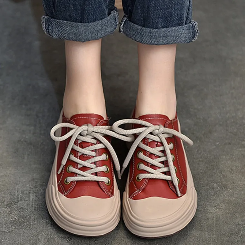 Leather Rubber Toecap Sneakers for Women Low-top Lace Up in Purple/Orange/Red