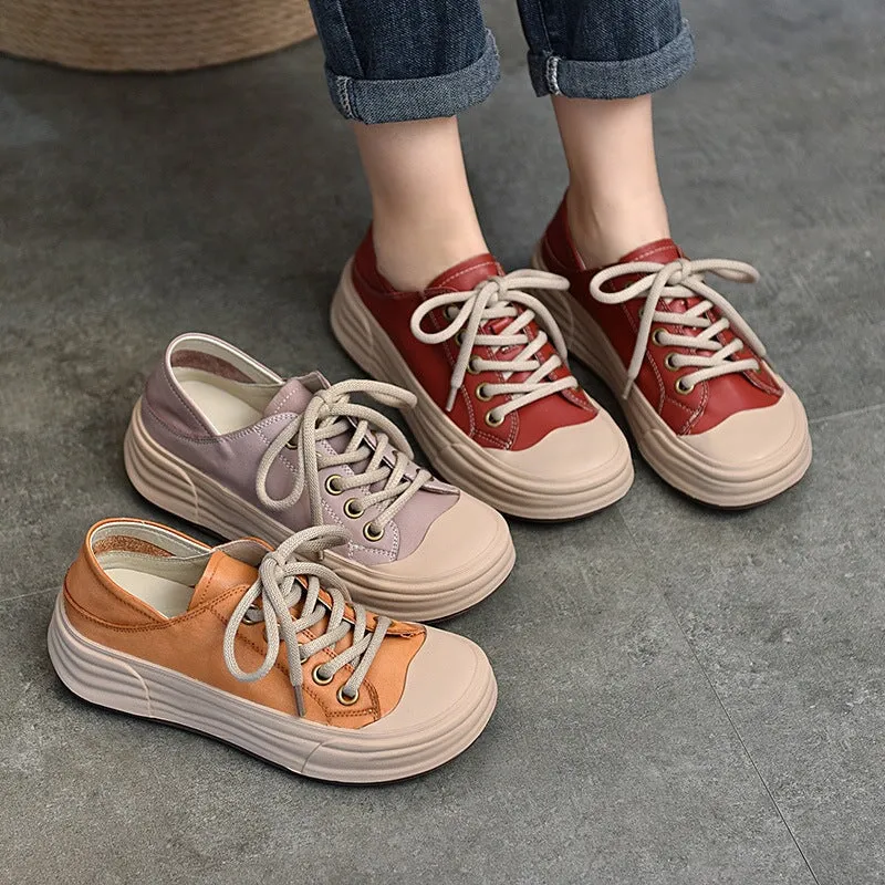 Leather Rubber Toecap Sneakers for Women Low-top Lace Up in Purple/Orange/Red