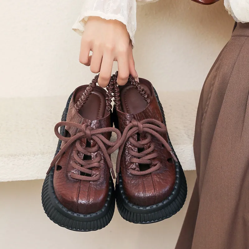 Leather Strappy Sandals Round Toe Retro Handmade Platform Gladiator Sandals in Brown/Black