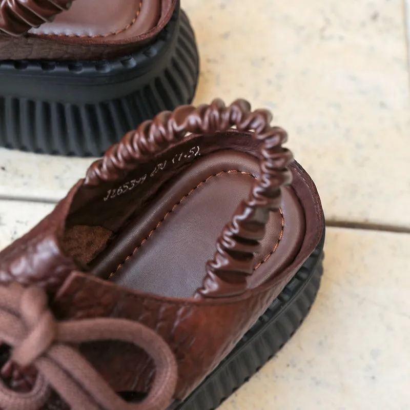 Leather Strappy Sandals Round Toe Retro Handmade Platform Gladiator Sandals in Brown/Black
