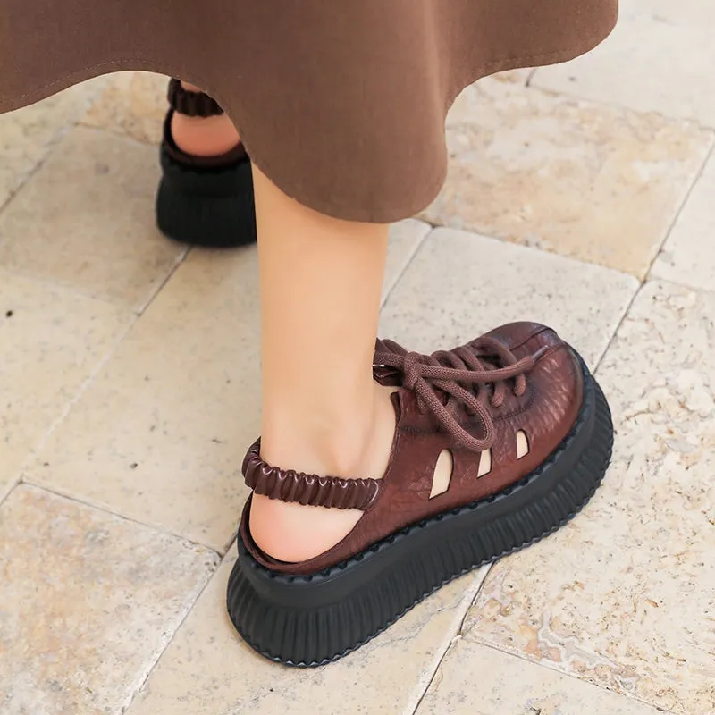 Leather Strappy Sandals Round Toe Retro Handmade Platform Gladiator Sandals in Brown/Black
