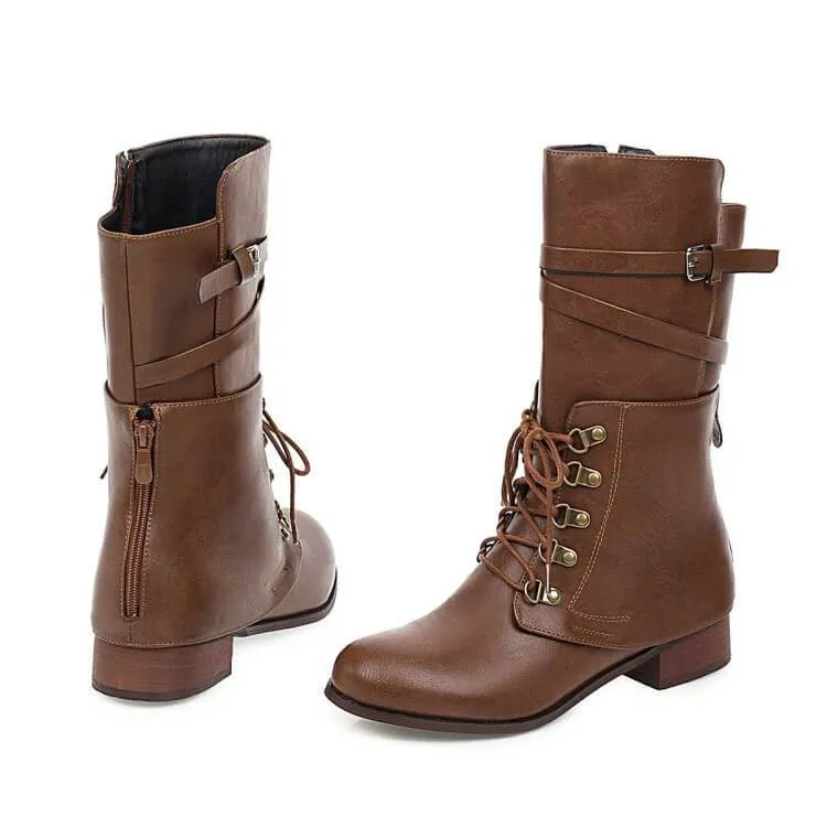 Low Chunky Heel  Round Toe Leather Buckle Pumps