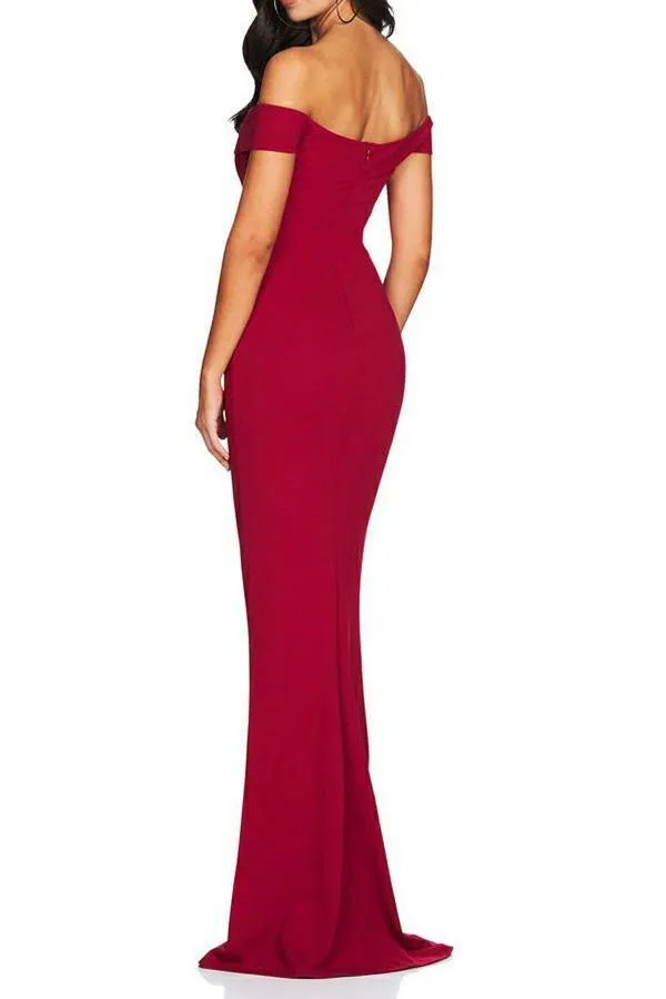 Mermaid Off-the-Shoulder Sweep Train Burgundy Satin Prom Dress PG792