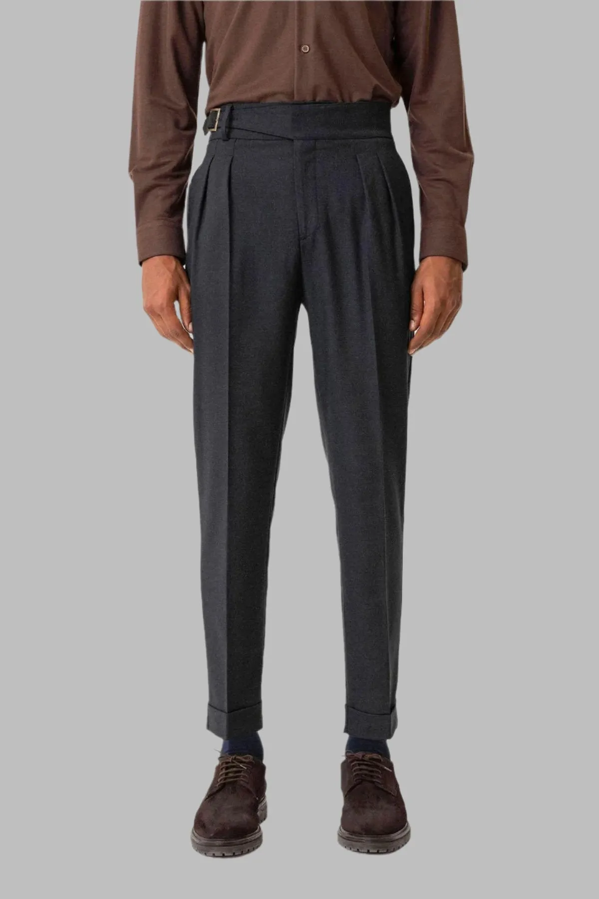Navy Pleated Men's Trousers with Buckle Detail - Wessi