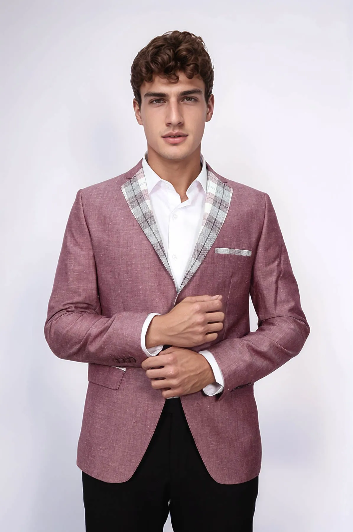 Pocket and Collar Plaid Mens Linnen Burgundy Blazer - Wessi