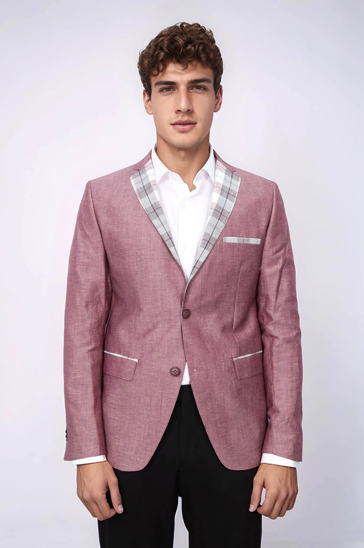 Pocket and Collar Plaid Mens Linnen Burgundy Blazer - Wessi