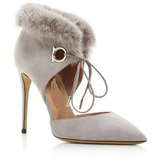 Point Toe Straps Stiletto Heel  Fur Pumps