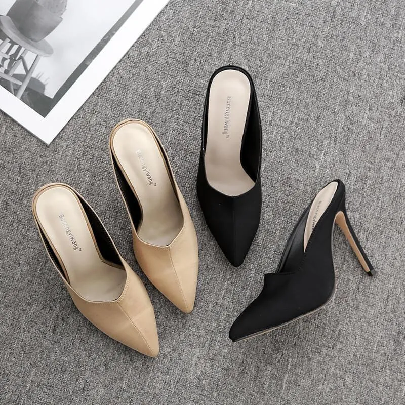Point Toe Stretch Stiletto Heel Mule Pumps