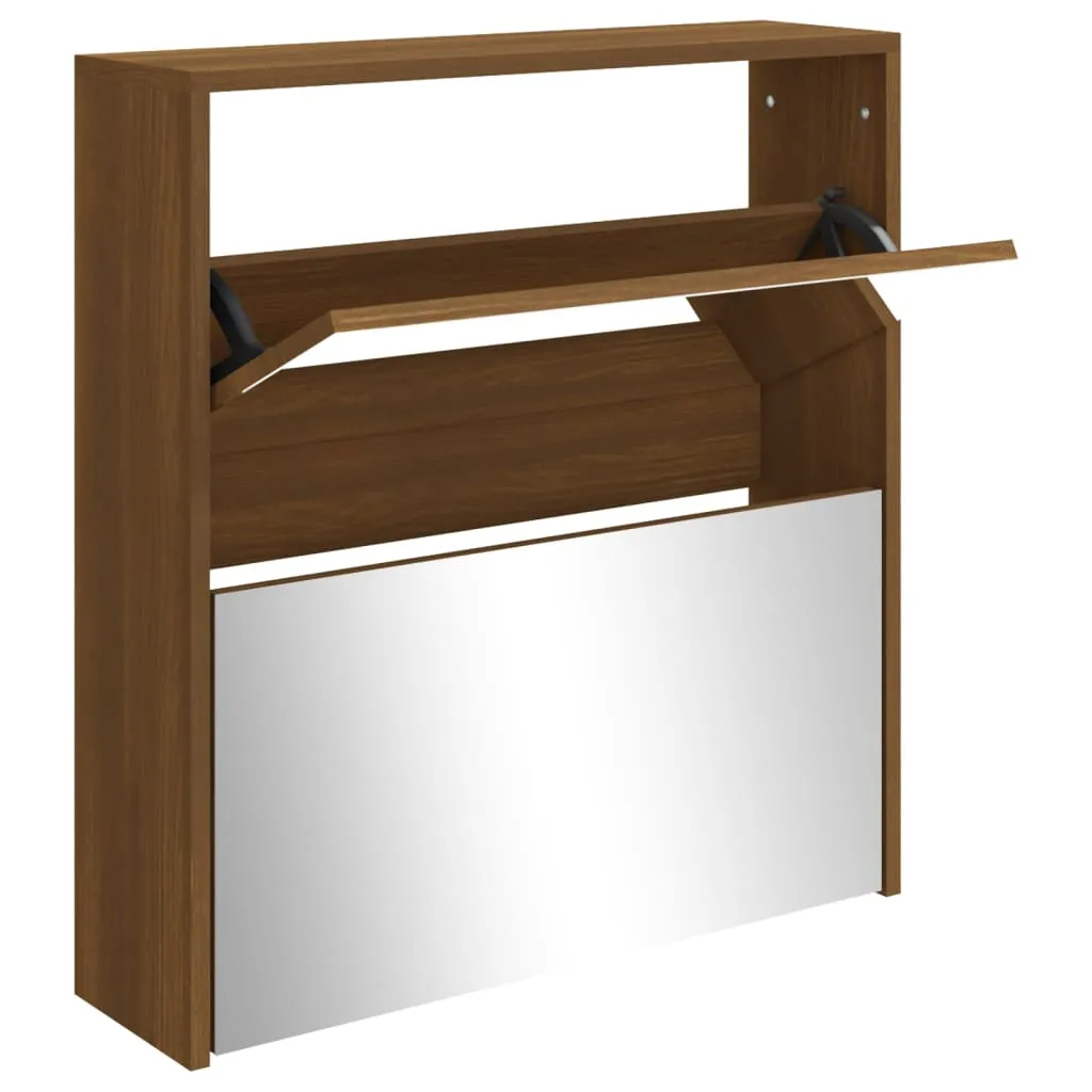 Shoe Cabinet with Mirror 2-Layer Brown Oak 63x17x67 cm