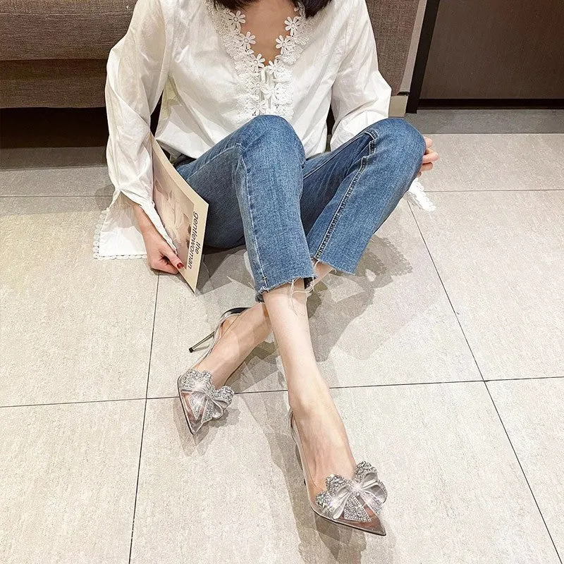Sparkling Pointed Rhinestone Bow Champagne-colored Stiletto Heels Shoes