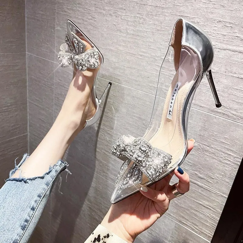 Sparkling Pointed Rhinestone Bow Champagne-colored Stiletto Heels Shoes