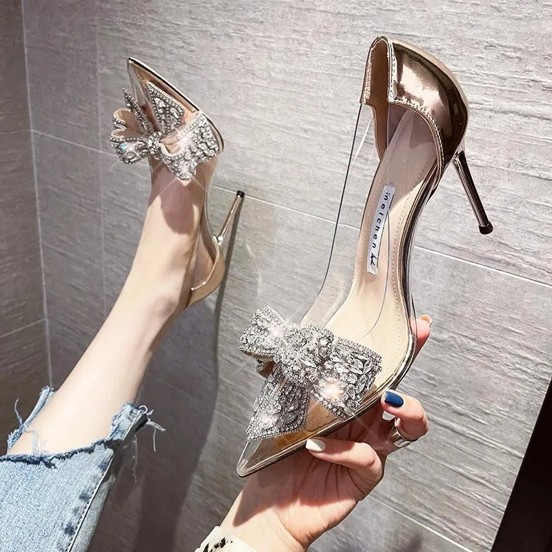 Sparkling Pointed Rhinestone Bow Champagne-colored Stiletto Heels Shoes