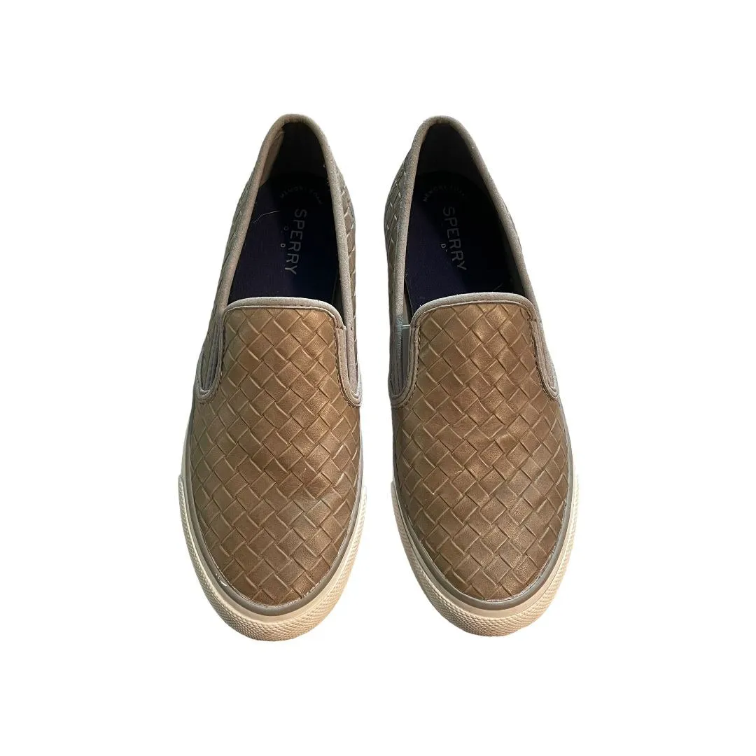 Sperry Taupe Leather Woven Slip On Shoes