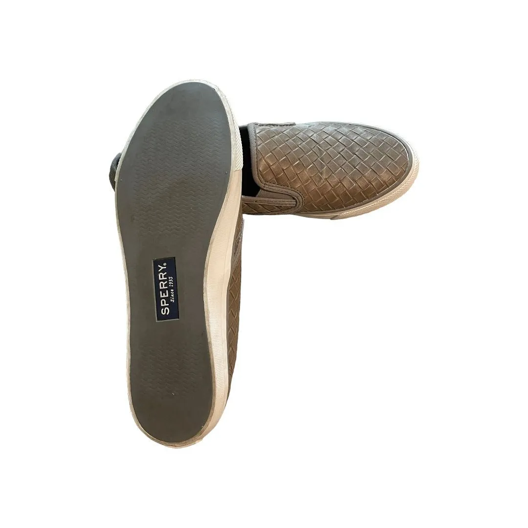 Sperry Taupe Leather Woven Slip On Shoes