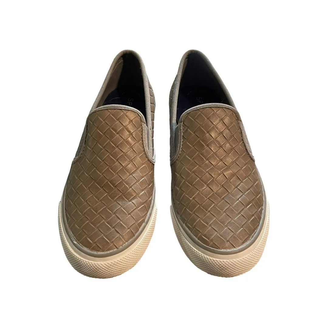 Sperry Taupe Leather Woven Slip On Shoes