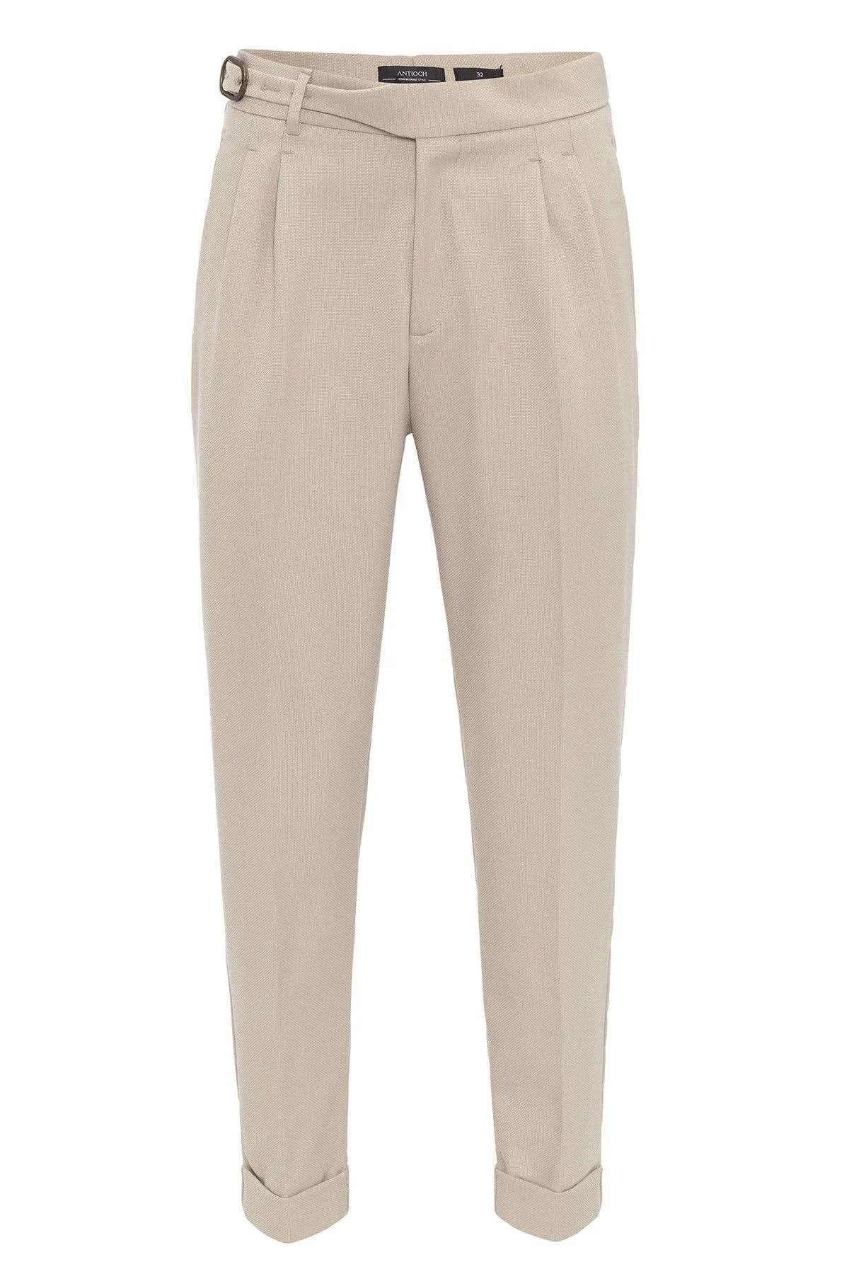 Stone High-Waisted Pleated Men's Trousers with Buckle Detail - Wessi