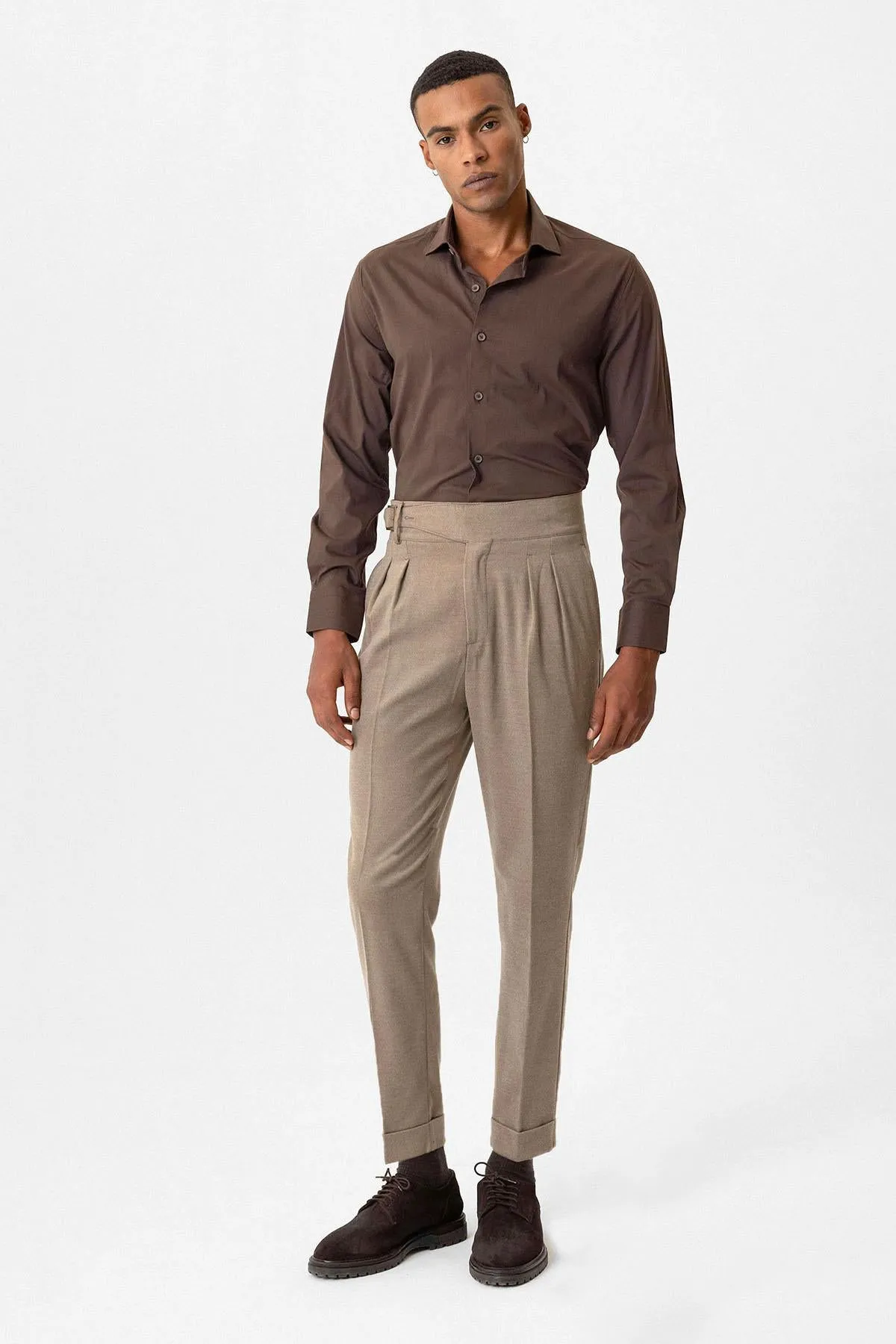 Taupe Pleated Men's Trousers with Buckle Detail - Wessi
