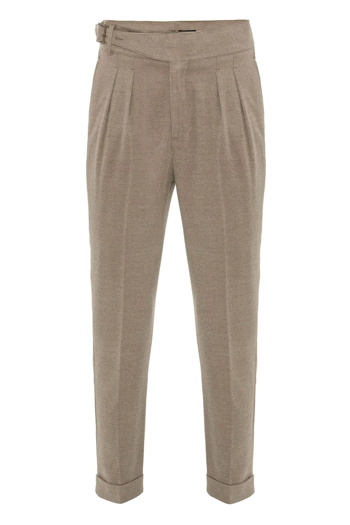 Taupe Pleated Men's Trousers with Buckle Detail - Wessi