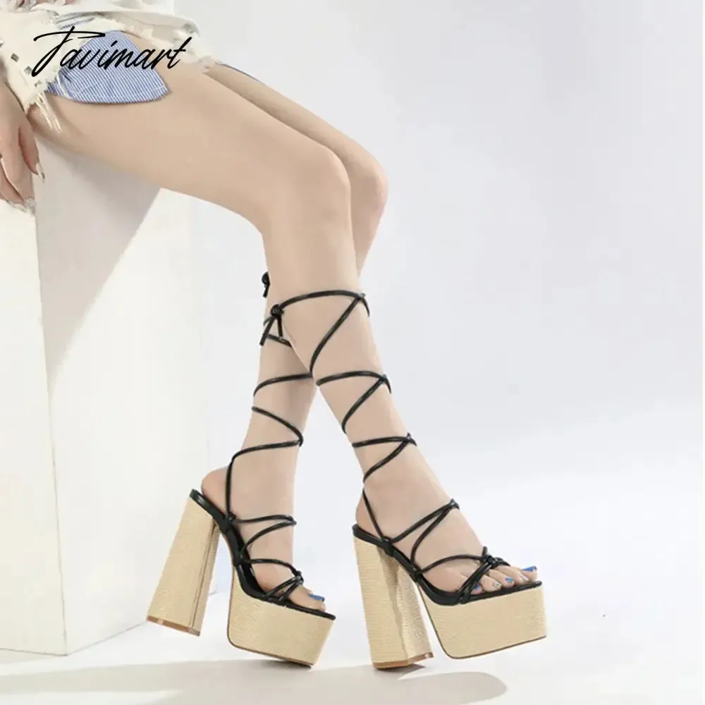 Tavimart Brand New High Chunky Heeled Women's Sandals Platform Ankle Wrap Gladiator Lace-up Design Summer Fashion Shoes