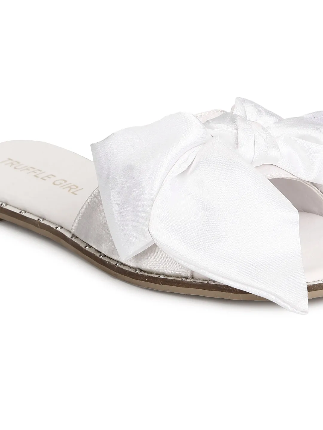 White Satin Fabric Bow Slip Ons