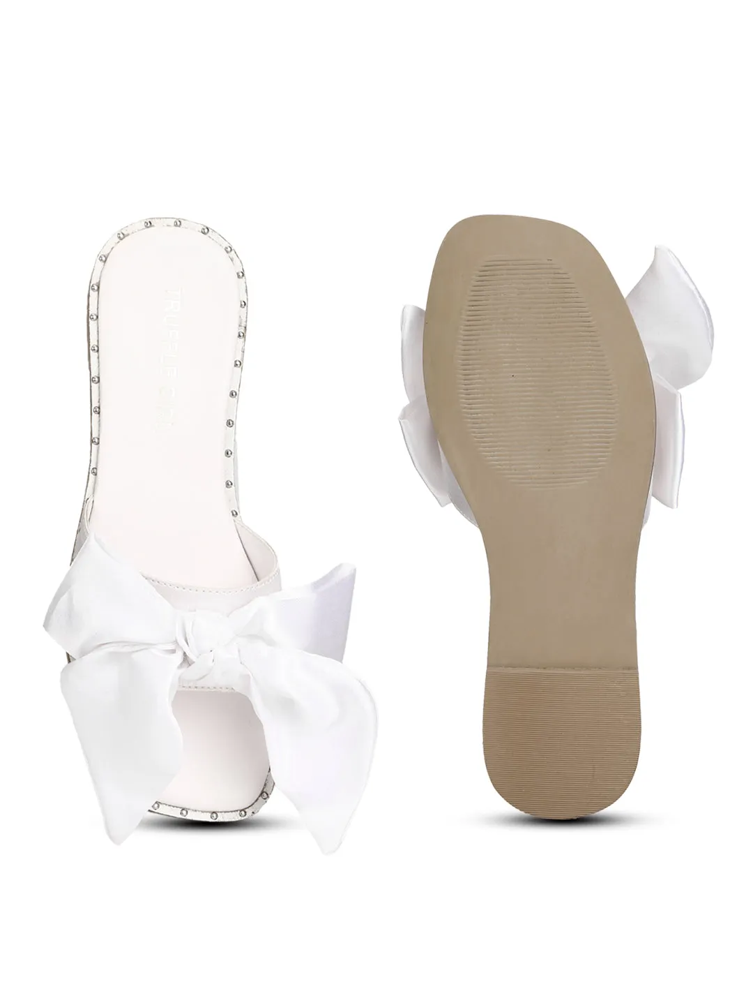 White Satin Fabric Bow Slip Ons