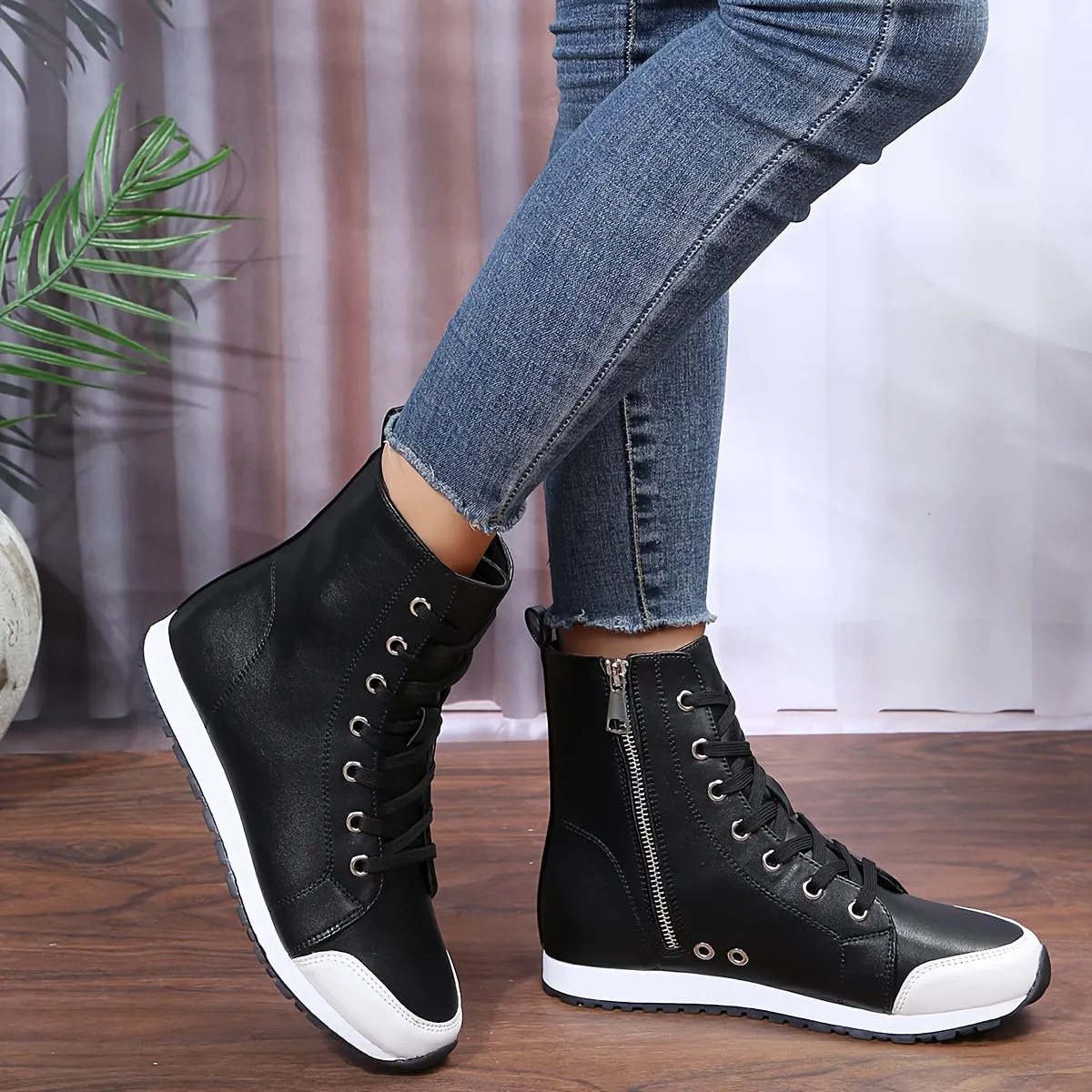 Women's Casual Lace Up Side Zipper Sneakers |  Comfortable High Top Shoes