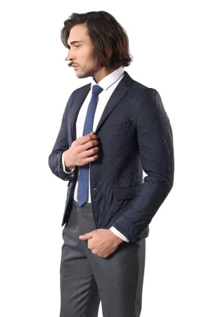 WSS Slim Fit Navy Blue Quilted Blazer  - Singen