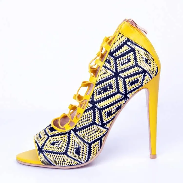 Yellow Strap Lace Up Cutout Sandals